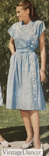 1940s chambray blue asymmetrical buttons embroidery dress