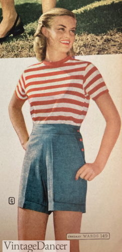 1940s shorts women summer outfit 1947 stripe shirt with denim shorts