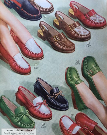 1940s casual shoes in colors green red blue brown. Loafers and moccasin 