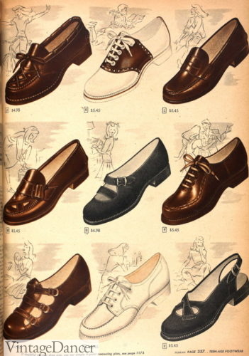 1940s women loafers, saddle and slip on casuals