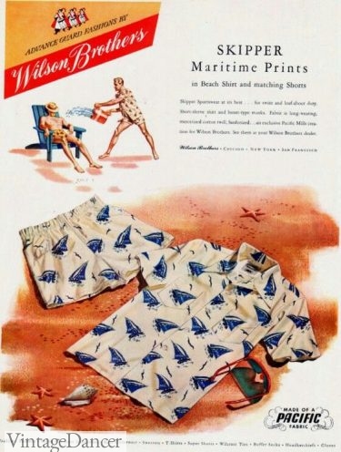 1947 matching "cabana set" in a sailboat prints mens swimwear 1940s 1950s
