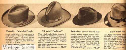 1947 mens work hats - felt westerns, cloth hat, straw hat