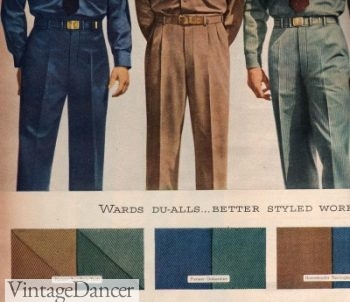 1947 mens medium weight work pants in cotton twill. Colors are more diverse.