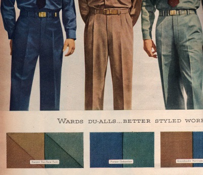 1947 mens medium weight work pants in cotton twill. Colors are more diverse.
