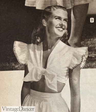 1940s tie front crop top ruffle sleeve blouse
