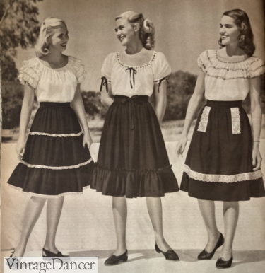 1947 tiered peasant skirts, ruffle trim