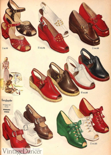 1940s casual summer shoes. 1947 fun summer wedge heel shoes