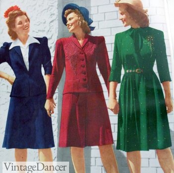 1940s women's suits, blue, red green
