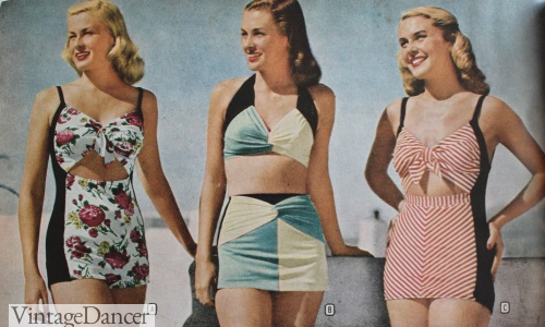 1947 two piece swimsuits bathing suits bikini suits beachwear at VintageDancer