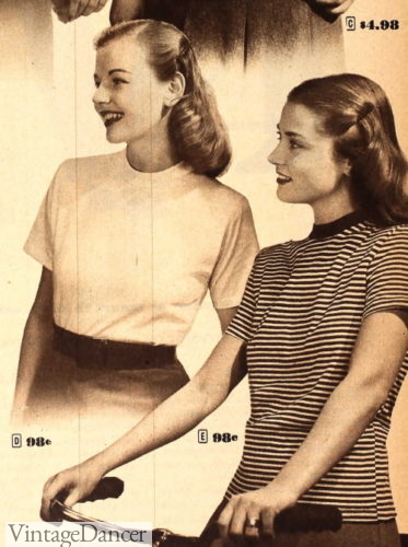 1940s T-shirts, ringer striped or plain colors teen girls fashion