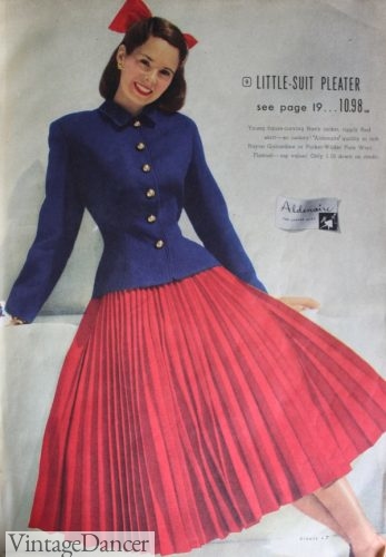 1948 red and blue skirt and jacket part of the 1940s New Look fashion style 