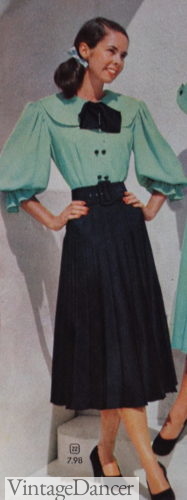 1948 pleated skirt and teal blouse