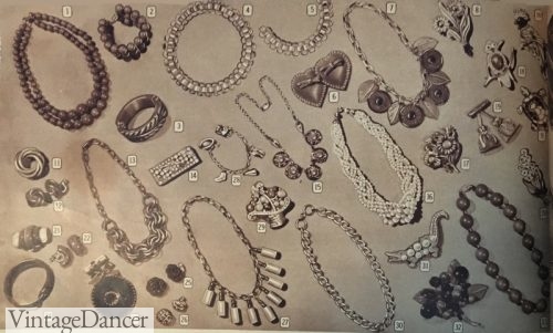 1948: Bead necklaces, bangles, novelty brooches, flowers themes, and charm bracelets provide a variety to 1940s jewelry