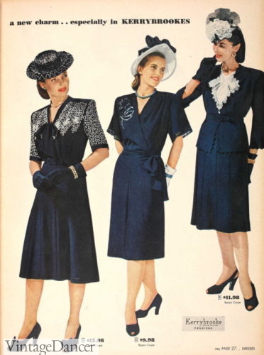 1940s navy blue lace trim afternoon and party dresses