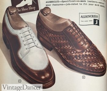 1940s men's summer shoes- 1948 Two tone oxford and woven oxford- two newer looks in the late '40s