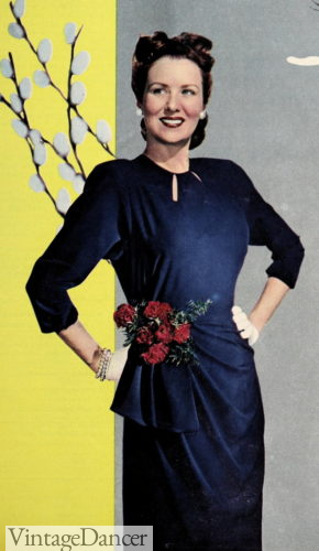 1940s women's wrapped and draped blue cocktail dress