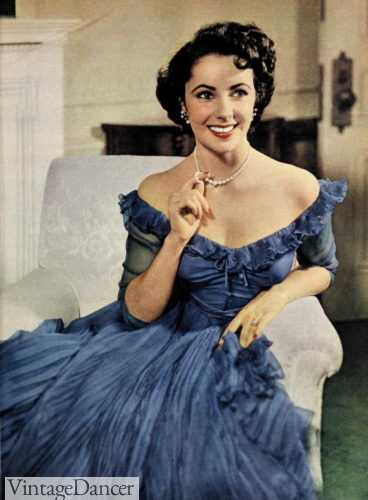 1949 1940s Elizabeth Tailor blue ballgown evening princess off the shoulder