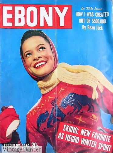 1949 cover of Ebony with a model in ski hat and scarf