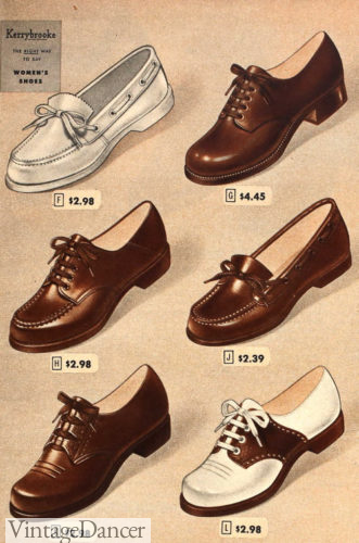 1940s women low heel oxford, loafers and mocs shoes for fall winter women fashion at VintageDancer