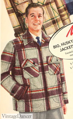 1949 mens shirt-jacket with hand pockets, zip up 1950s casual coat