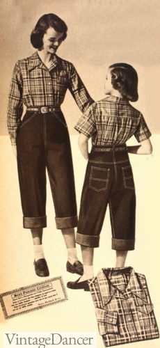 Vintage jeans history for women. 1940s 50s teen jeans and plaid flannel shirts