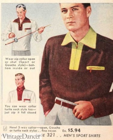 1950s mens gaucho shirt -1950 Gaucho collar worn 3 ways- open, zip up and turtleneck