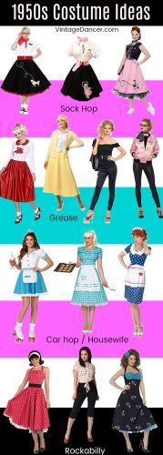 1950s costume ideas: sock hop/poodle skirts, Grease, housewife / car hop, Rockabilly / Pin Up