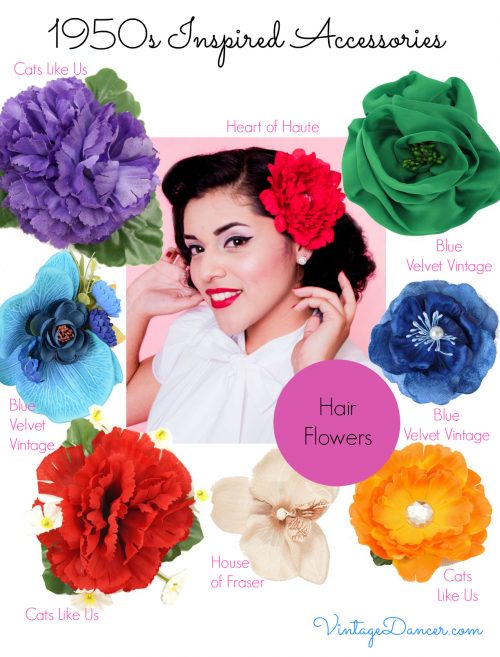 1950s hair flower clips. Today we have a variety of wonderful artificial hair flowers to choose from, all looking wonderfully realistic! VintageDancer.com/1950s
