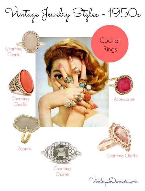 Cocktail rings were a popular choice of jewelry in the 1950s. Choose from these styles to recreate a mid century style.