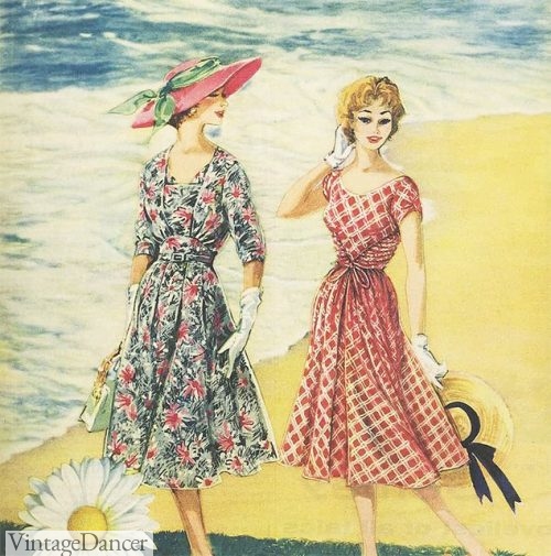 Classic 1950s summer styles featuring a large colored sun hat.
