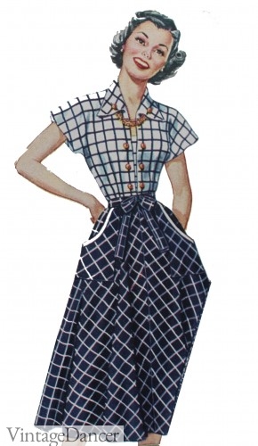 1950s shirtwaist dress with a blue and white windowpane plaid print. VintageDancer.com