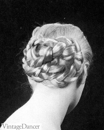 1950s long hairstyle braided bun