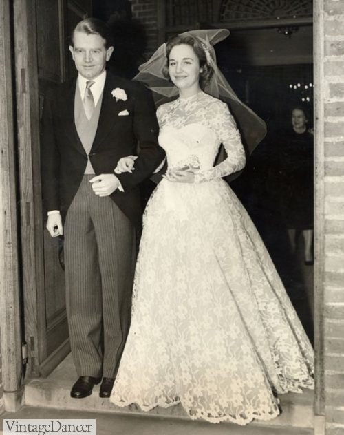 1950s bride and groom wearing a morning suit