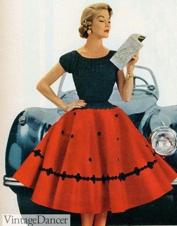 1950s felt skirt with polka dot abstract design 50s fashion women