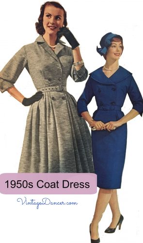 1950s dress styles: The Coat Dress. Part dress, part overcoat. Perfect for winter. Learn more at VintagDancer.com