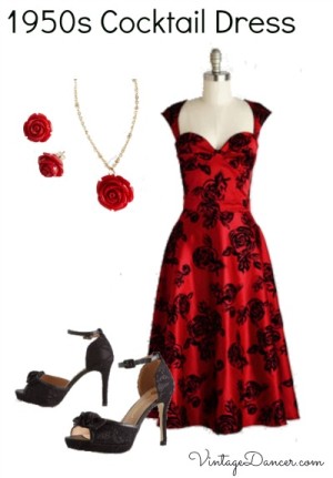 1950s style red and black cocktail dress at Modcloth