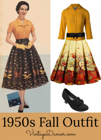 1950s fall Autumn outfit - Festive Autumn skirt, mustard blouse, black bow belt, with Hotter's Donner Heels in black