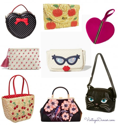 1950s inspired handbags. Fun shapes, colors, styles at VintageDancer.com