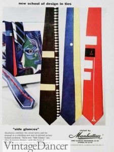 1950s mod ties with bold colors and abstract geometric patterns