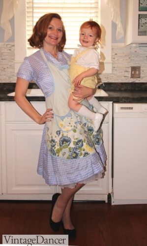 Vintage 50s housewife dress with retro apron and my adorable baby also in vintage 50s boys outfit