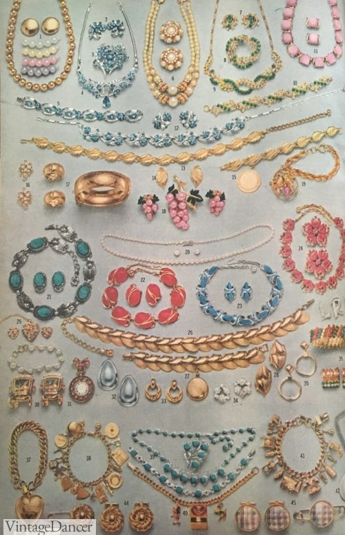 1950s jewelry styles, history =1958 Jewelry- Evening jewelry up top, day to day gold sets at the bottom