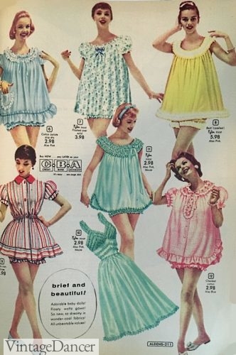 1950s baby doll nightgowns, baby doll pajamas, short nighties in 1958