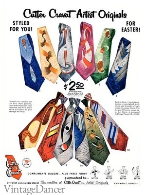 1950s mens neckties. Vintage Tie history at VintageDancer.com