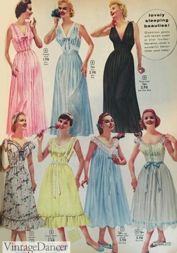1950s nightgowns. Long or tea length, sleeveless or cap sleeved with empire waists and lace trim.