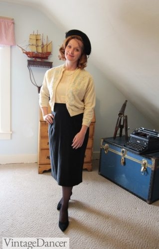 1950s Secretary Outfit/ Pencil Skirt, blouse, beaded cardigan, heels, pearls, hat