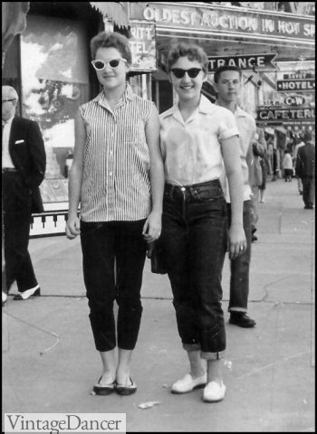 1950s women wearing denim jeans and button down shirts with flat shoes and sunglasses.