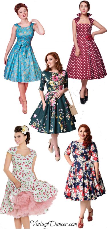 1950s dresses, 50s dresses, swing dresses in polka dot, floral, cherry prints and more! Find the one for you at VintageDancer
