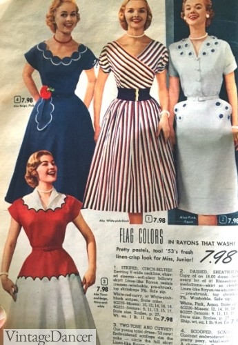 1950s red, white blue dress, not obviously nautical