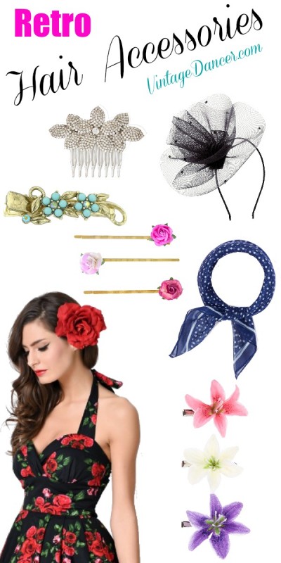 1950s retro hair acccessories: clips, headbands, flowers, and pins at VintageDancer.com