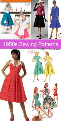 Pin this! 1950s sewing patterns. Over 200 patterns for dresses, skirts, tops, pants, shirts, swimsuits and lingerie at VintageDancer 